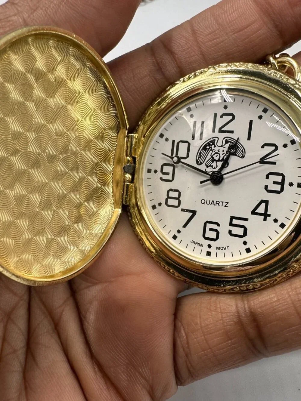 Men Pocket Watch Lot of 2 Bald Eagle Train Theme Silver Gold With Chains